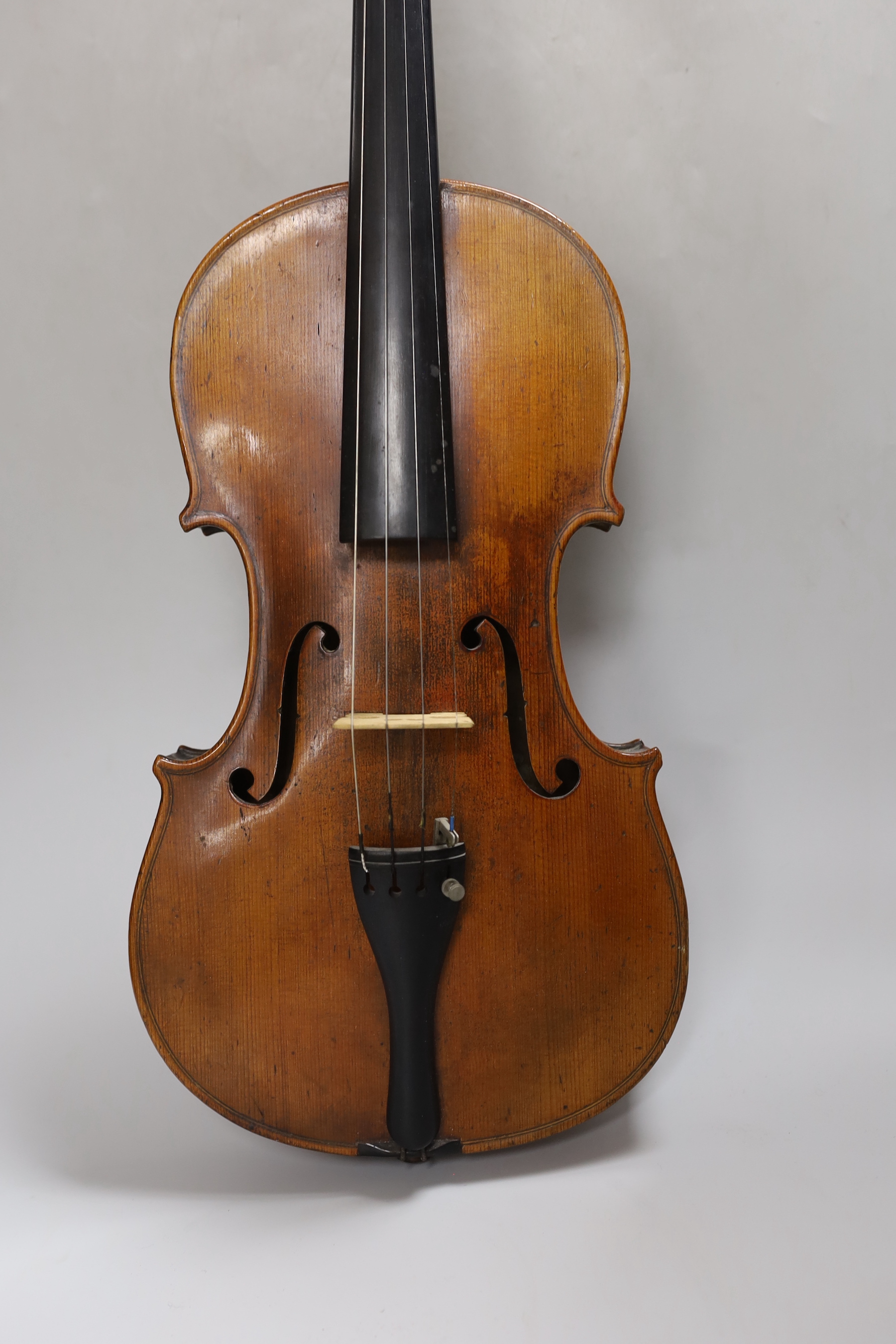 A Vuillaume violin with a bow, in case, back measures 36cm excl button